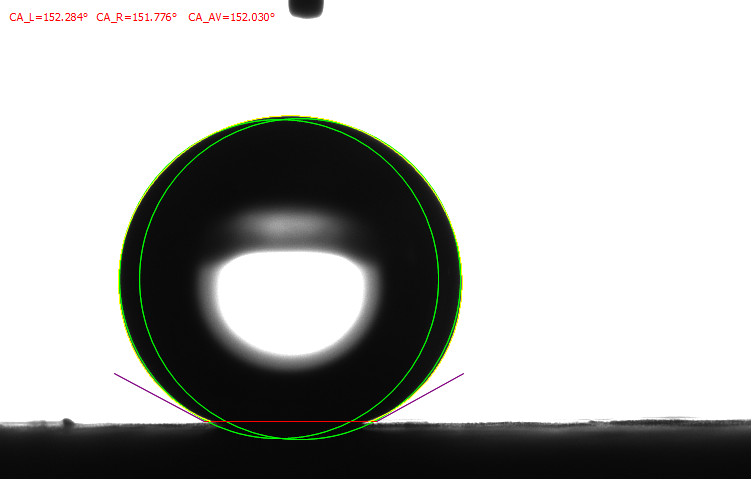 measurement of contact angle between water and lotus leaf